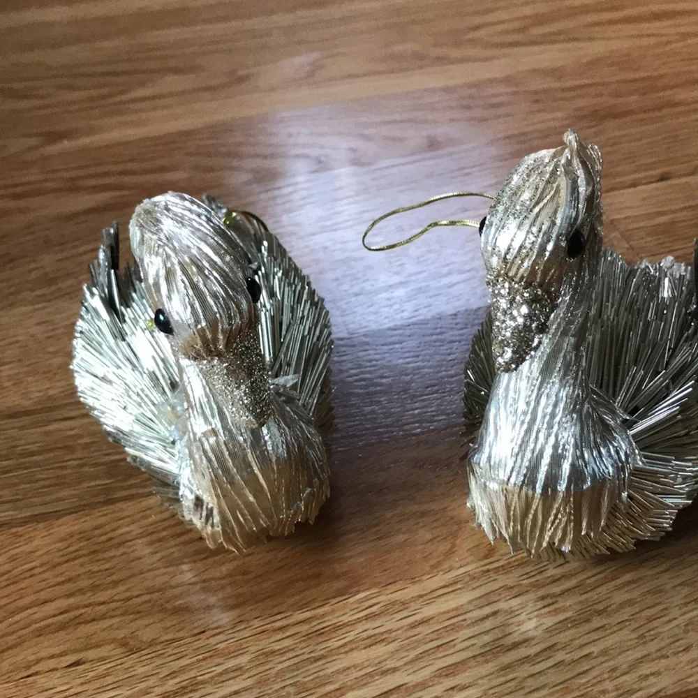 NWT Pair Anthropologie Gold Metallic Beaded Swan Ornaments